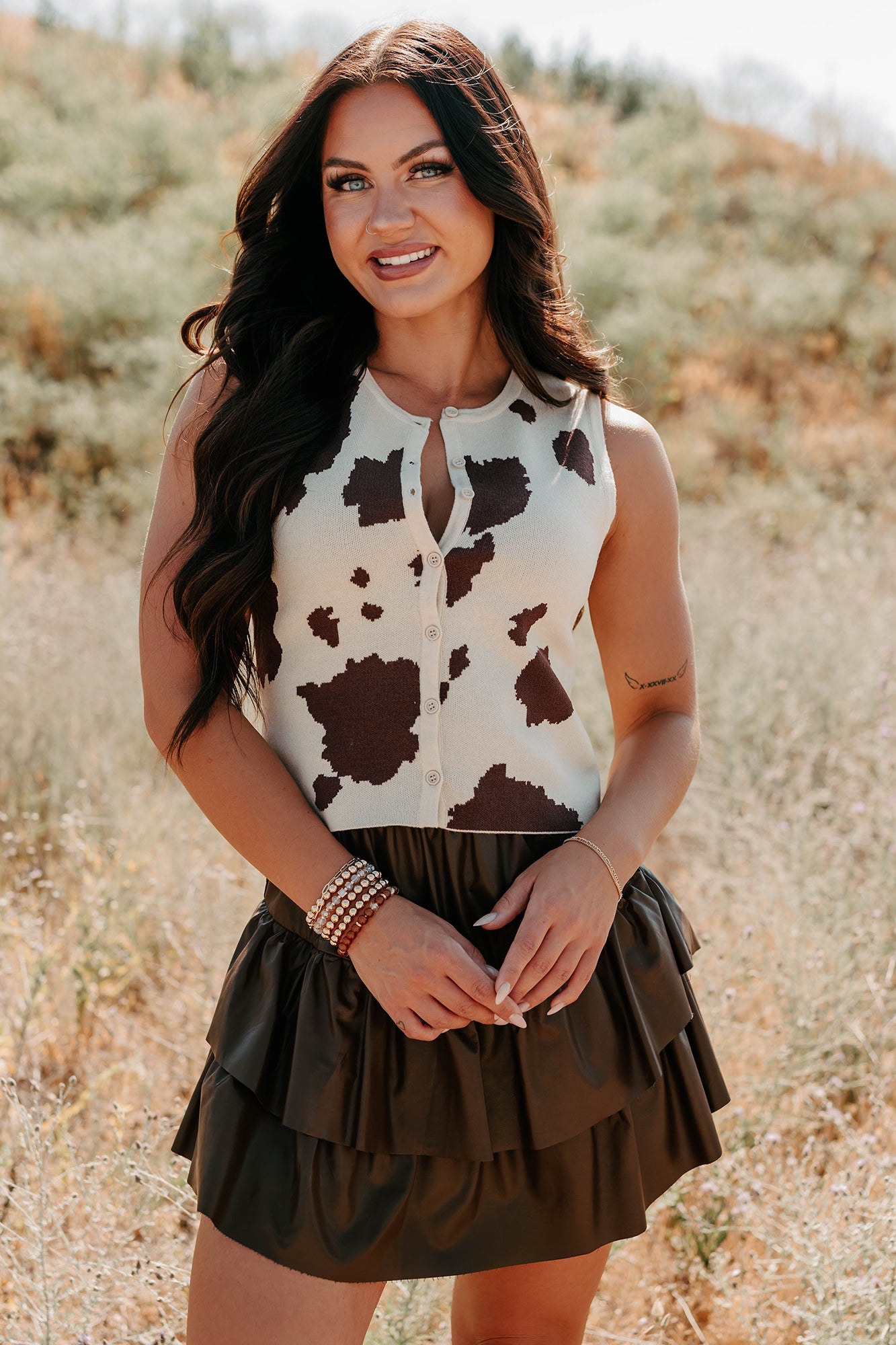 Rodeo Glow Sleeveless Cow Print Top (Beige/Brown)